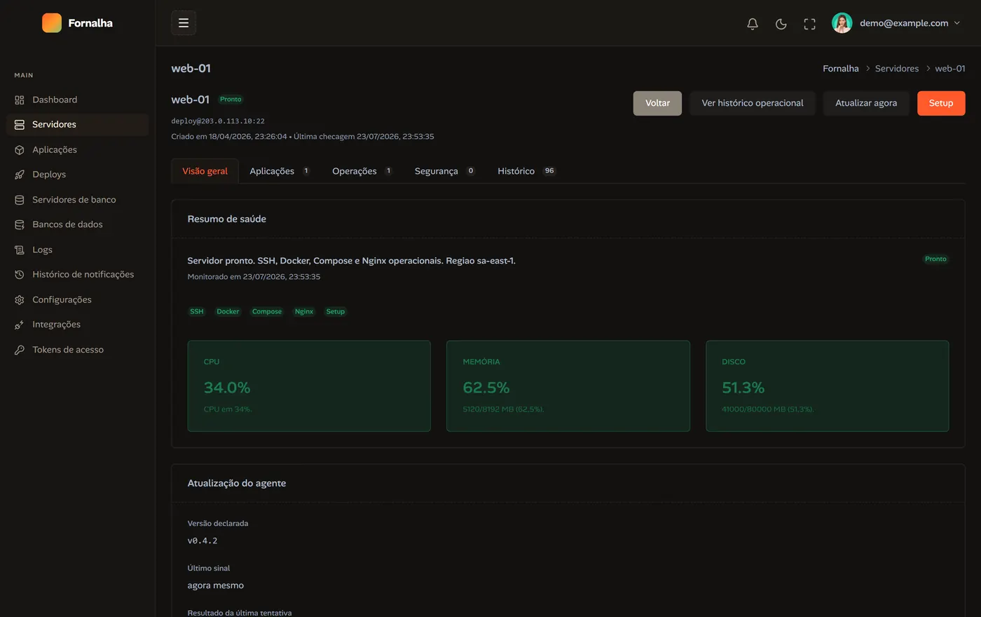 Detail screen for server web-01 with health summary and resource cards