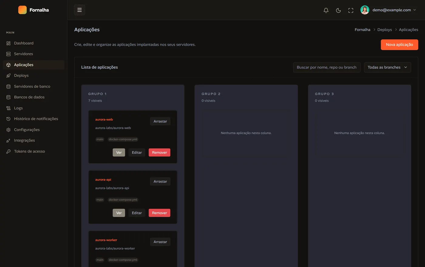 Kanban board of applications across three groups