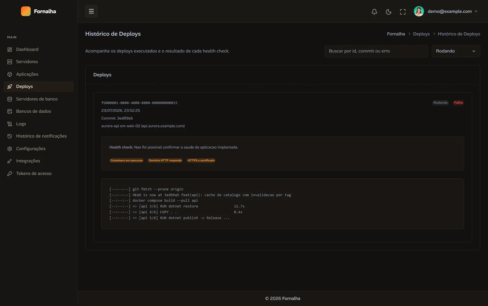 Deploy history filtered to running, with the build log streaming