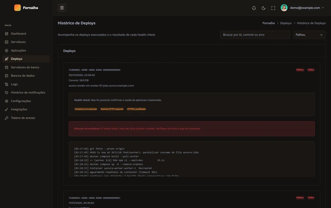 Deploy history filtered to failed, with the full log and a problem summary