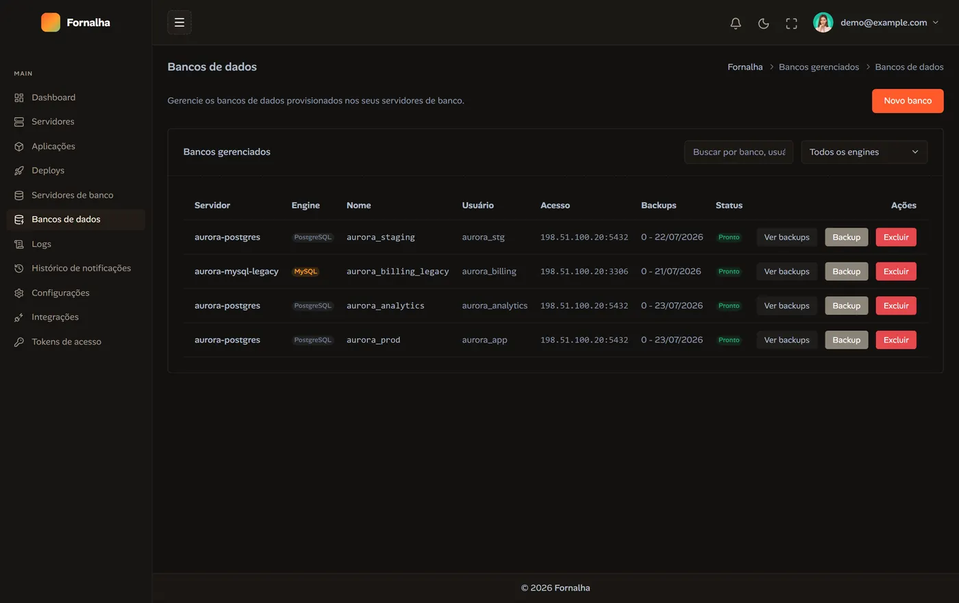 Managed database list with engine, user, endpoint and backups